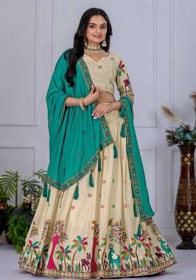 Cream Embroidered Silk Lehenga Set for Diwali and Festive Wear