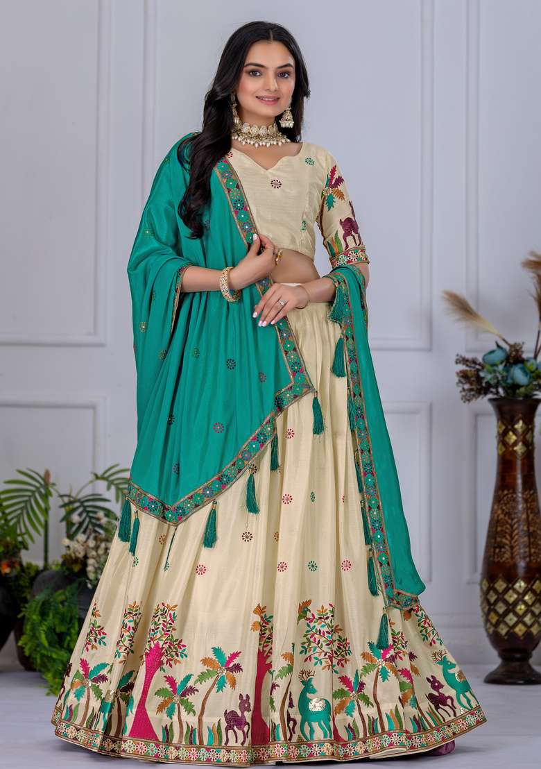 Cream Embroidered Silk Lehenga Set for Diwali and Festive Wear - Indya