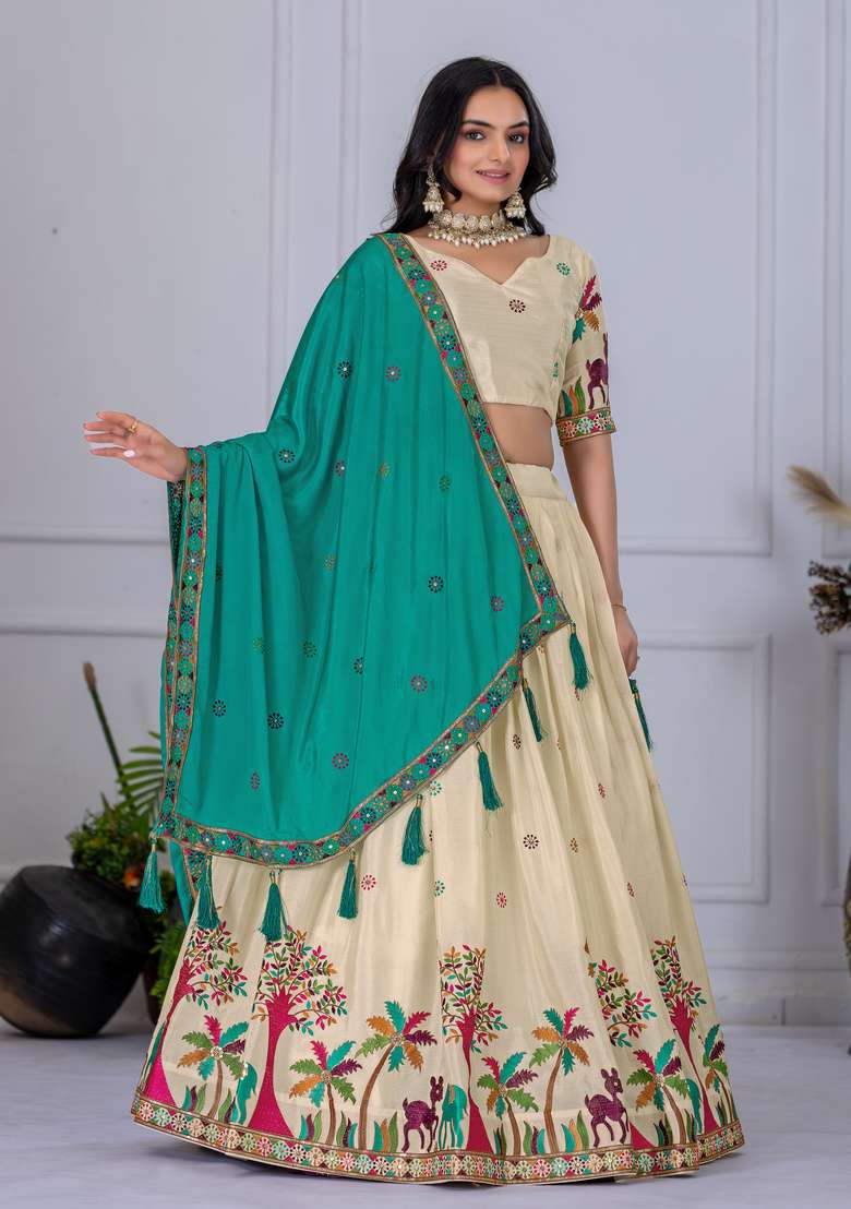 Cream Embroidered Silk Lehenga Set for Diwali and Festive Wear - Indya