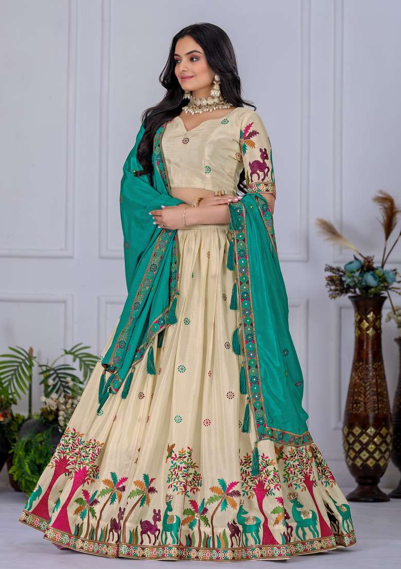 Cream Embroidered Silk Lehenga Set for Diwali and Festive Wear - Indya