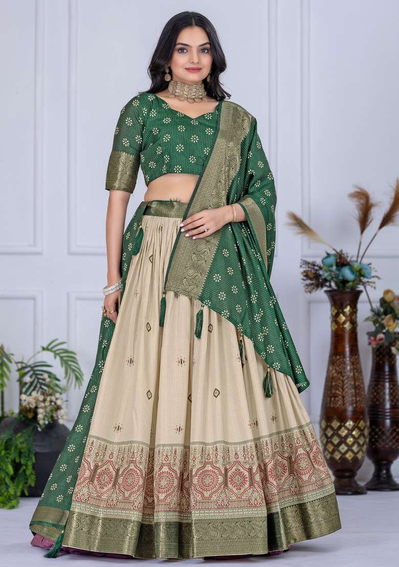 Green Silk Lehenga Set with Printed for Diwali | Wedding & Festive Wear - Indya