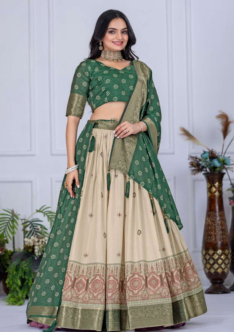 Green Silk Lehenga Set with Printed for Diwali | Wedding & Festive Wear - Indya