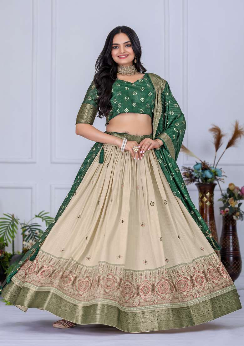 Green Printed Silk Lehenga Set - Indya
