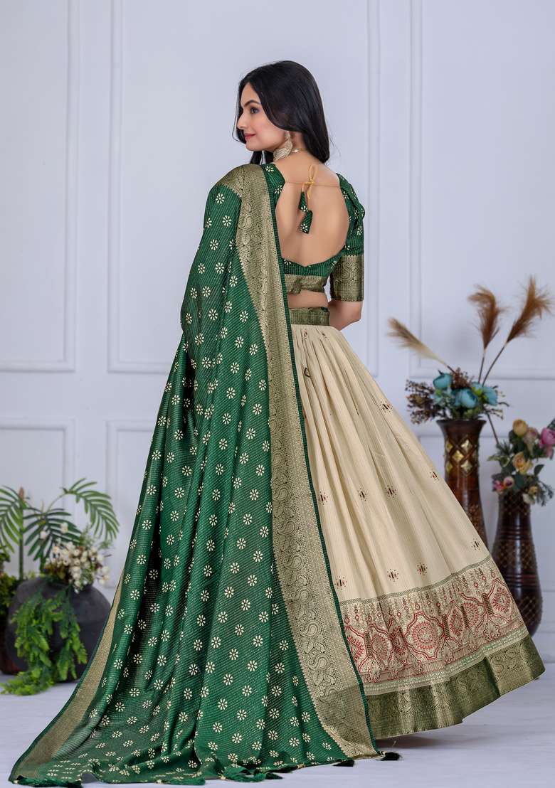 Green Silk Lehenga Set with Printed for Diwali | Wedding & Festive Wear - Indya