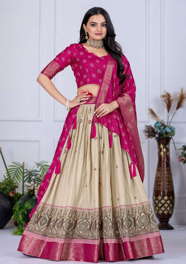 Pink Silk Lehenga Set with Printed for Diwali | Wedding & Festive Wear - Indya