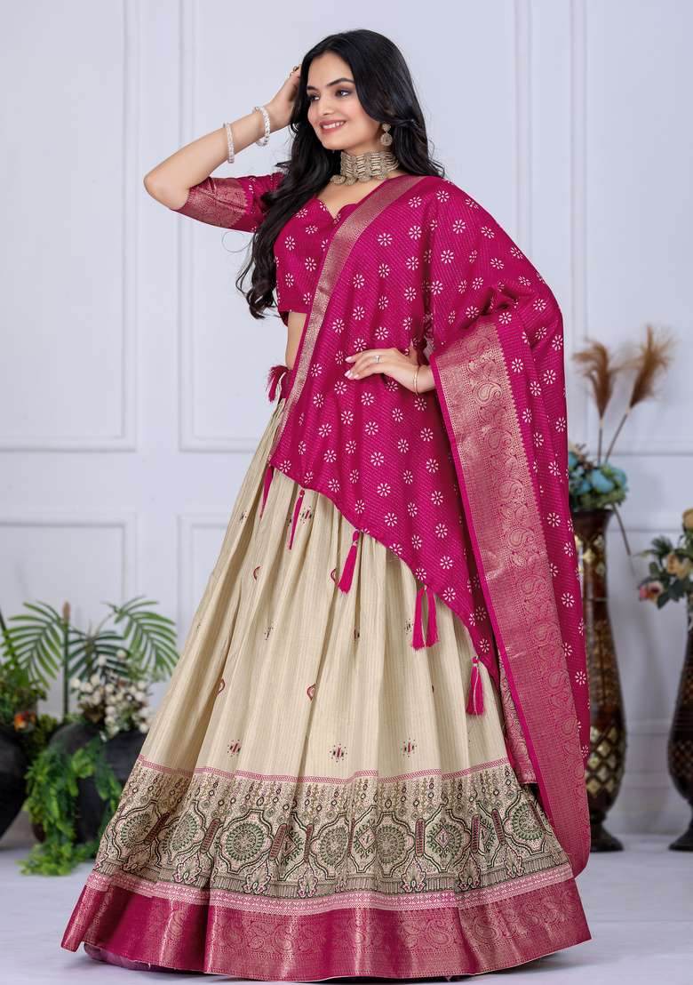 Pink Printed Silk Lehenga Set - Indya