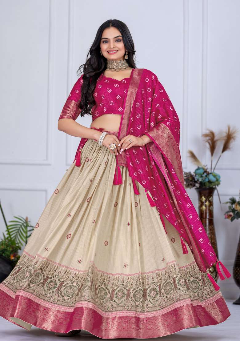 Pink Silk Lehenga Set with Printed for Diwali | Wedding & Festive Wear - Indya