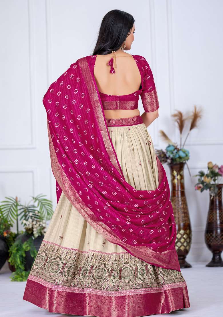 Pink Printed Silk Lehenga Set - Indya