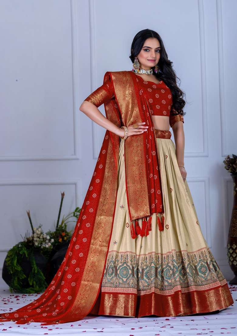 Red Printed Silk Lehenga Set - Indya