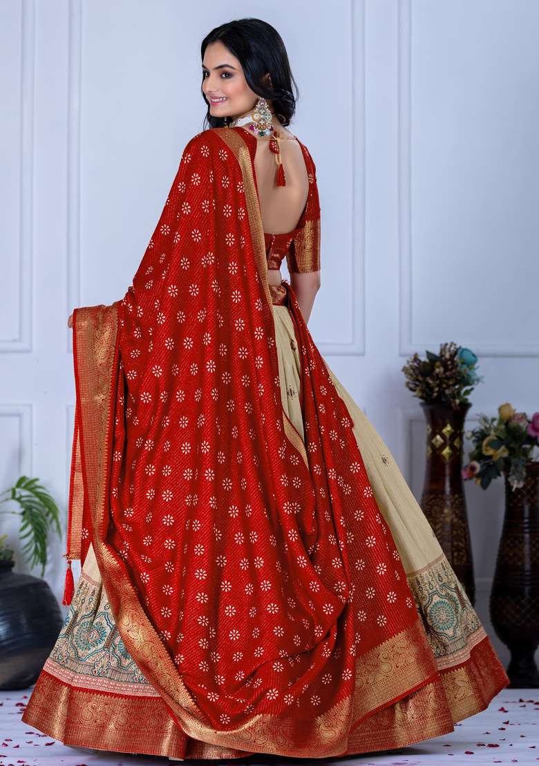 Red Printed Silk Lehenga Set - Indya