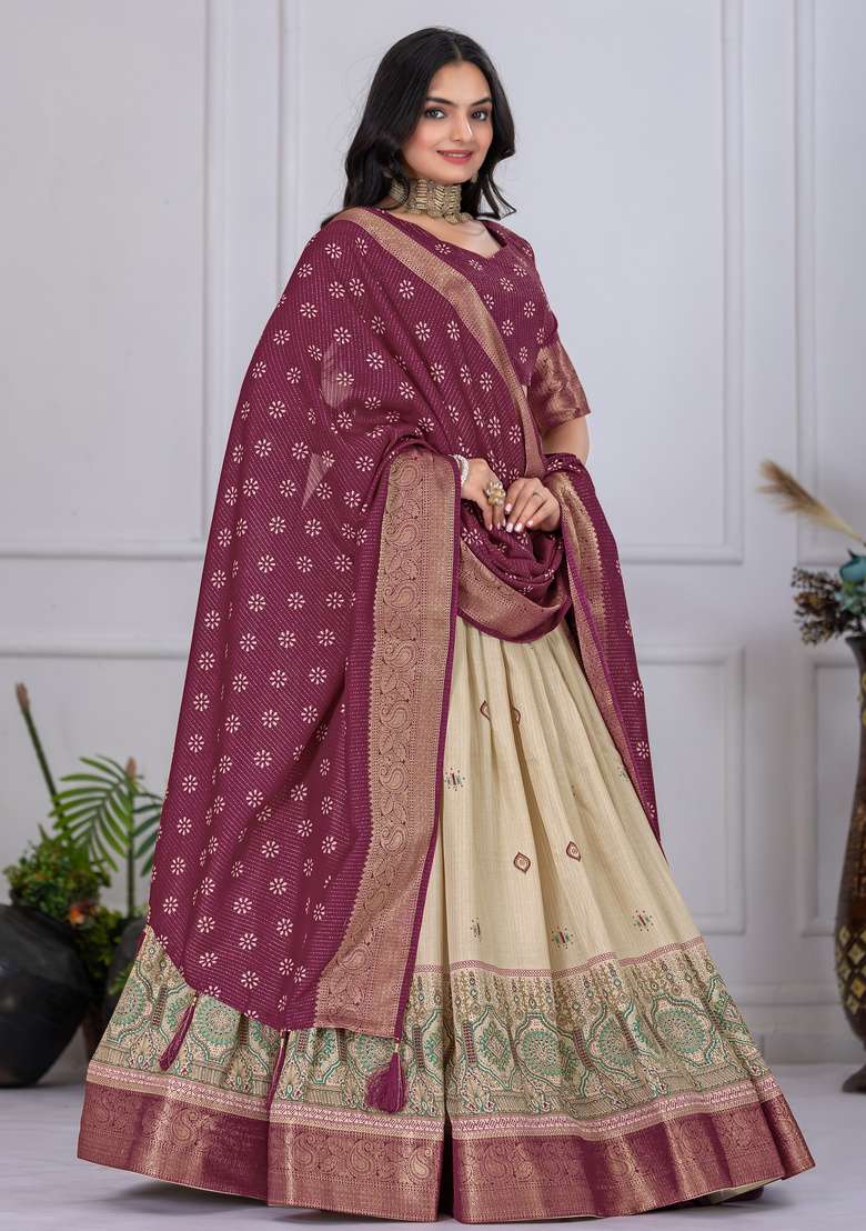 Wine Printed Silk Lehenga Set - Indya