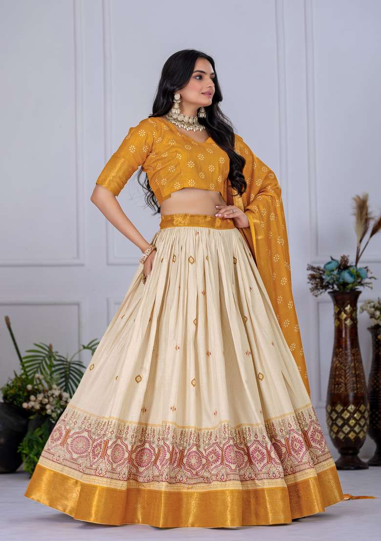 Yellow Silk Lehenga Set with Printed for Diwali | Wedding & Festive Wear - Indya