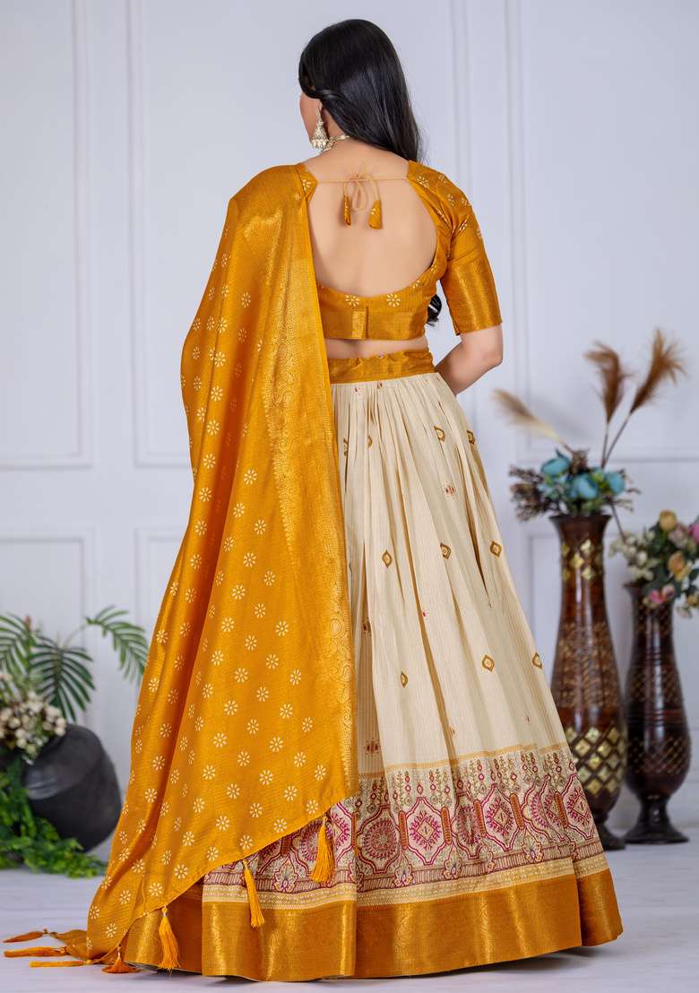 Yellow Printed Silk Lehenga Set - Indya