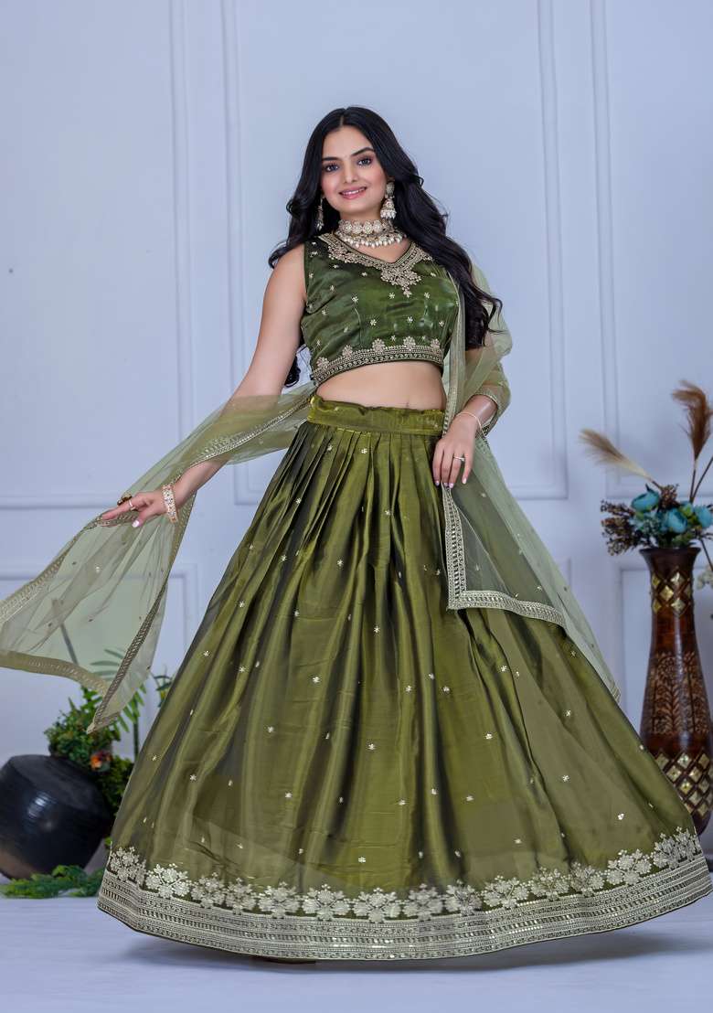 Green Embroidered Silk Lehenga Set for Diwali and Festive Wear - Indya
