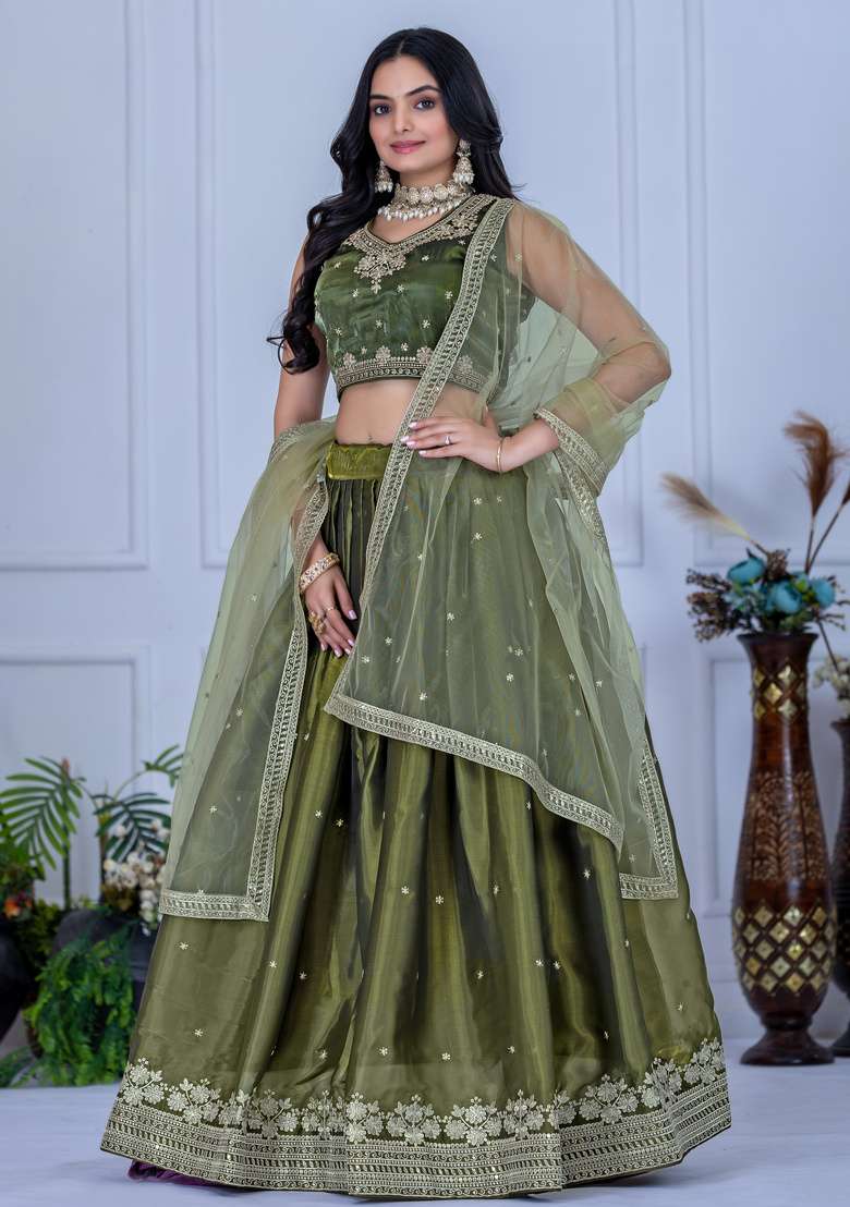 Green Embroidered Silk Lehenga Set for Diwali and Festive Wear - Indya