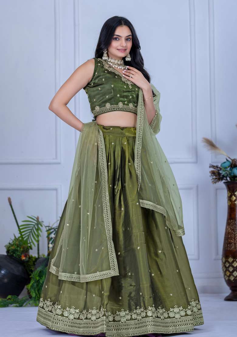 Green Embroidered Silk Lehenga Set for Diwali and Festive Wear - Indya
