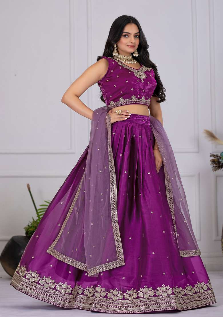 Wine Embroidered Silk Lehenga Set for Diwali and Festive Wear - Indya