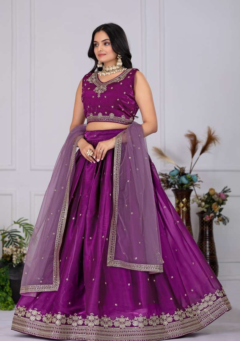 Wine Embroidered Silk Lehenga Set for Diwali and Festive Wear - Indya
