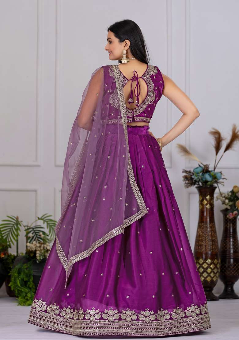 Wine Embroidered Silk Lehenga Set for Diwali and Festive Wear - Indya