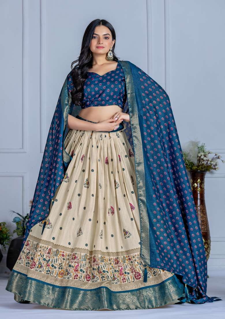 Blue Printed Silk Lehenga Set - Indya