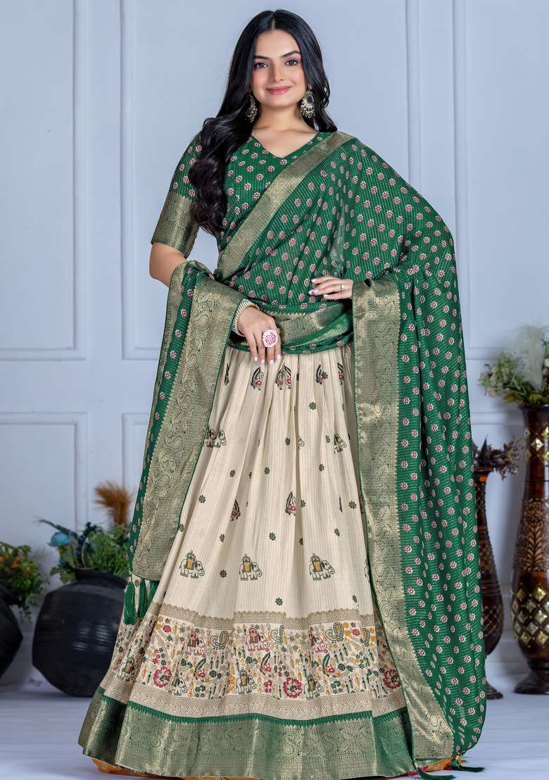 Green Silk Lehenga Set with Printed for Diwali | Wedding & Festive Wear - Indya