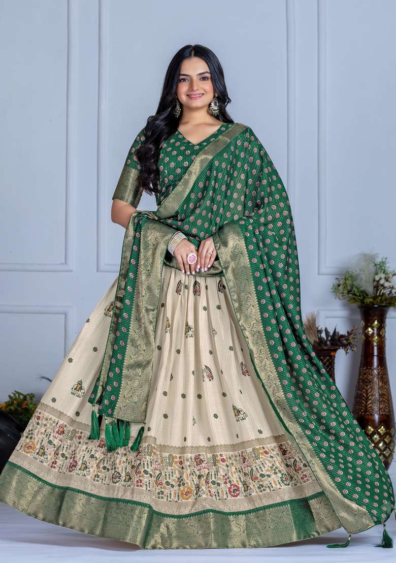 Green Printed Silk Lehenga Set - Indya
