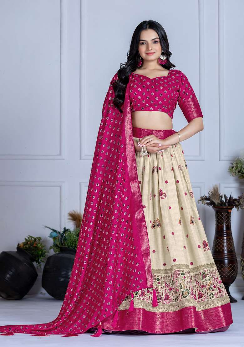 Pink Printed Silk Lehenga Set for Diwali and Festive Wear - Indya