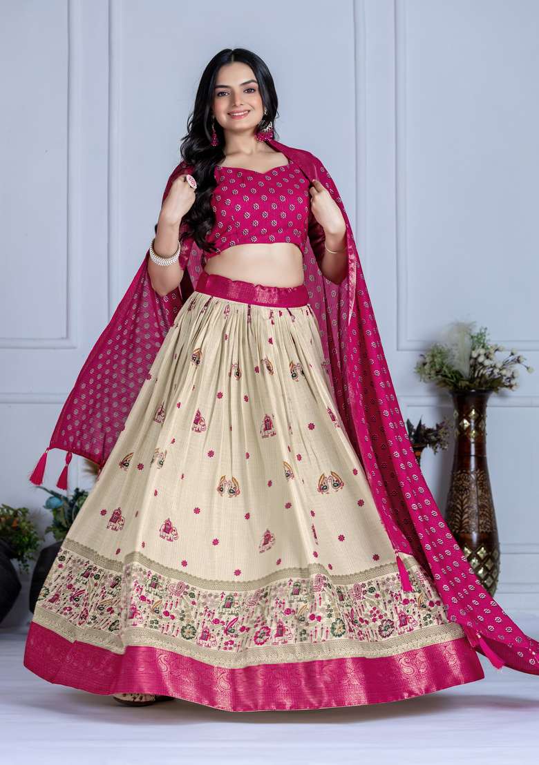 Pink Printed Silk Lehenga Set - Indya