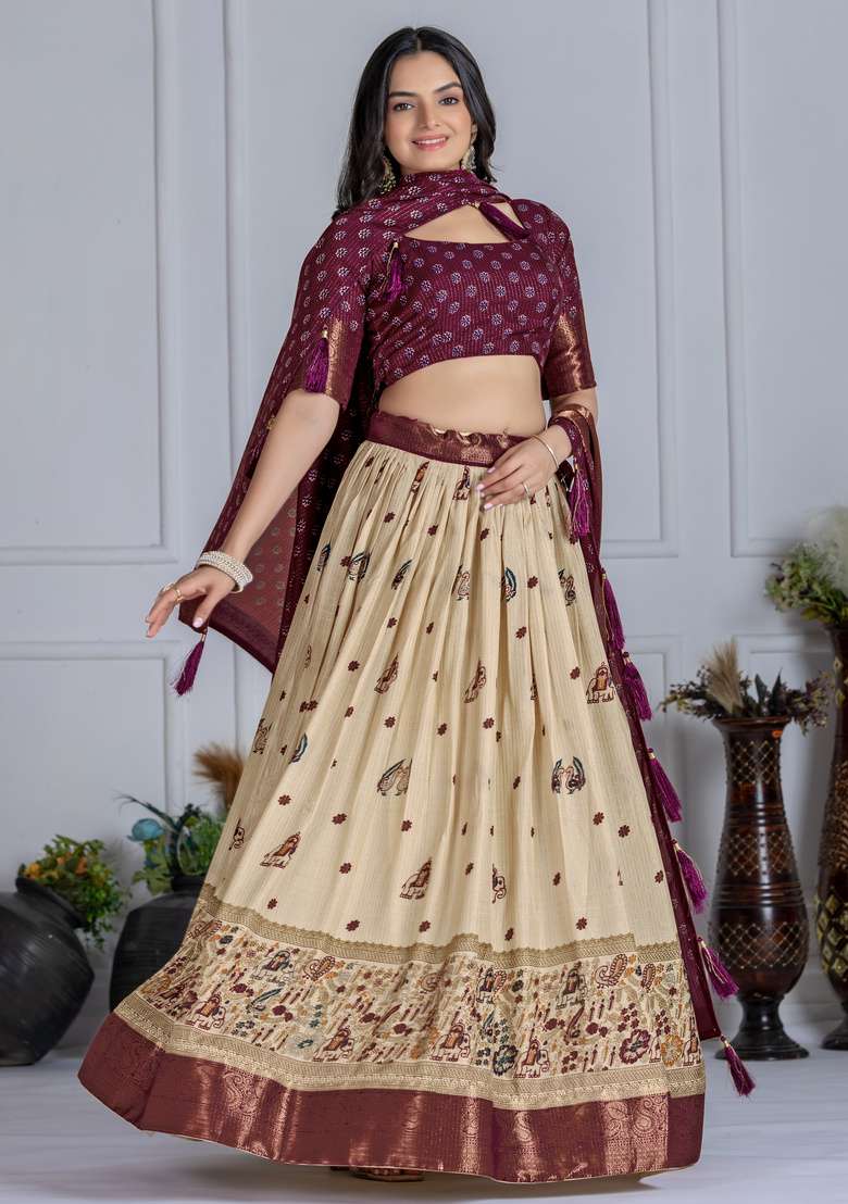 Wine Printed Silk Lehenga Set - Indya