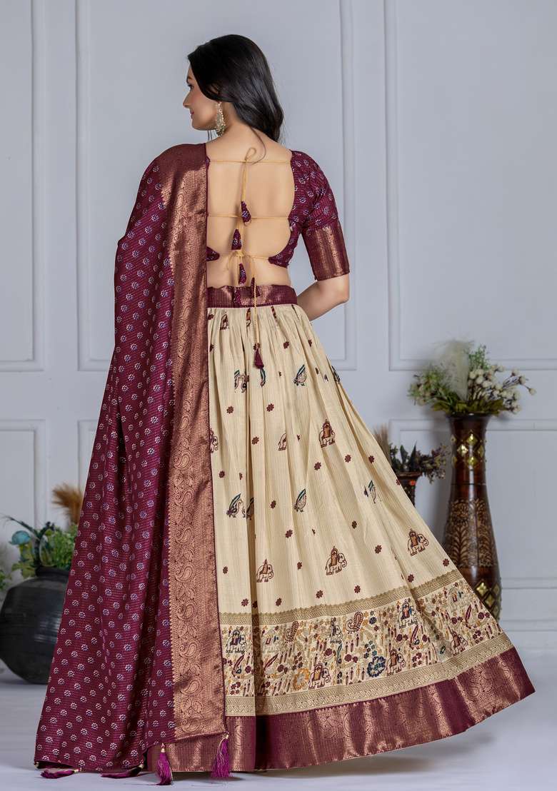 Wine Printed Silk Lehenga Set - Indya
