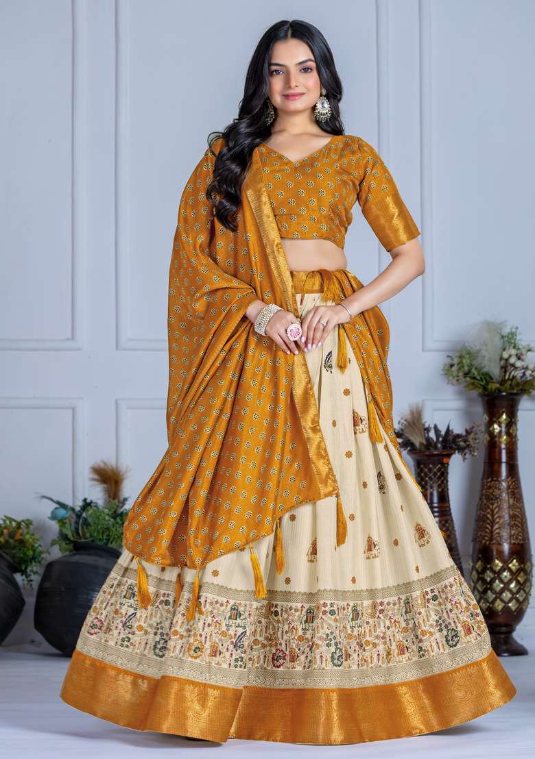 Yellow Printed Silk Lehenga Set for Diwali and Festive Wear - Indya