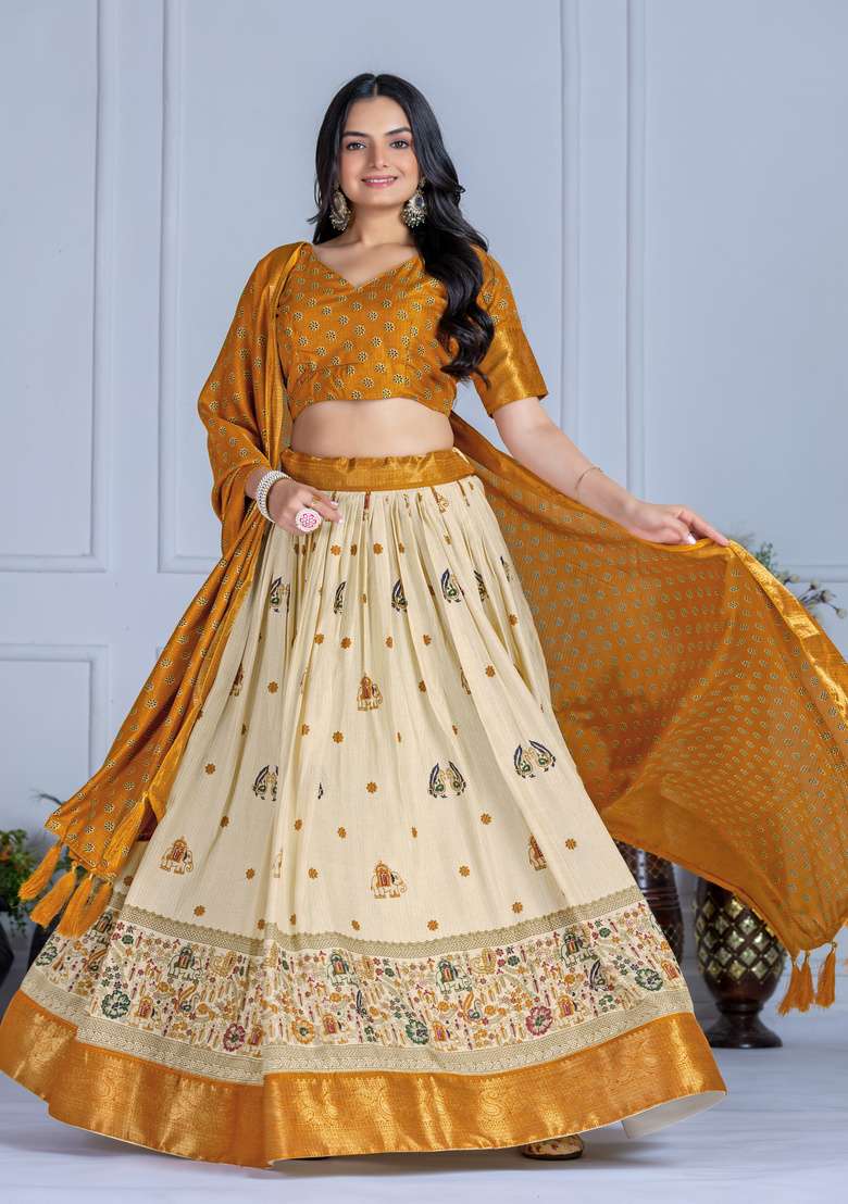 Yellow Printed Silk Lehenga Set for Diwali and Festive Wear - Indya
