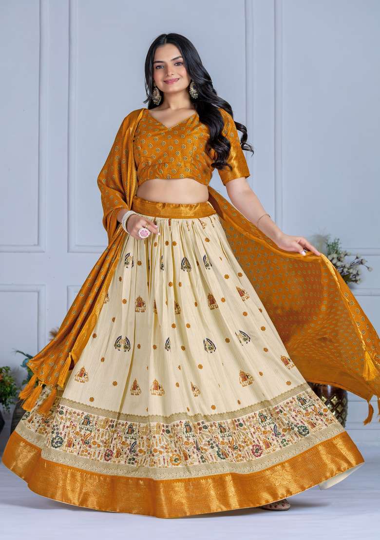 Yellow Printed Silk Lehenga Set - Indya