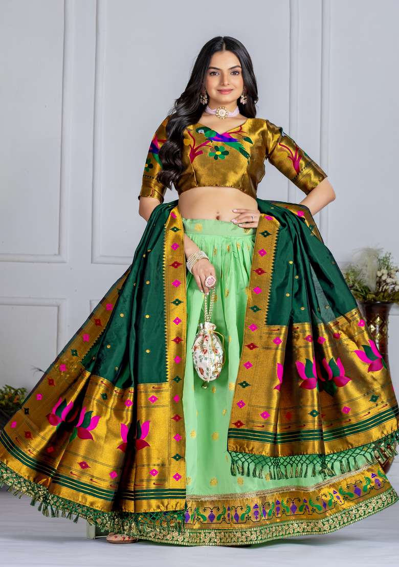 Green Silk Lehenga Set with Embroidered for Diwali | Wedding & Festive Wear - Indya
