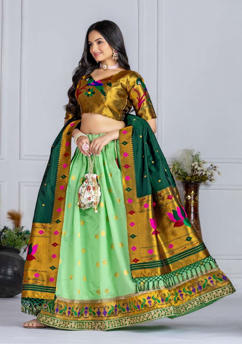 Green Embroidered Silk Lehenga Set - Indya