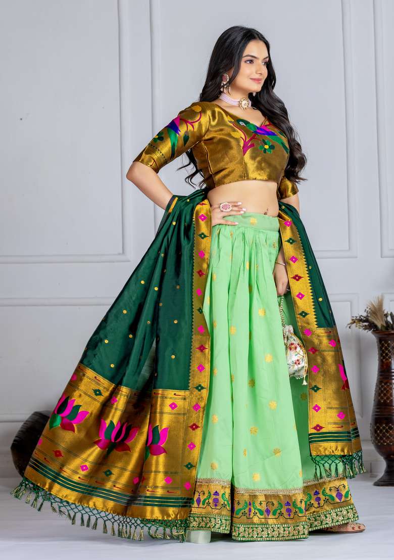 Green Silk Lehenga Set with Embroidered for Diwali | Wedding & Festive Wear - Indya