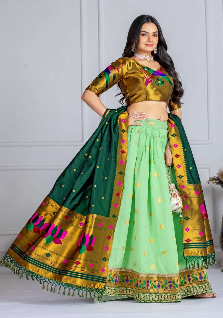 Green Embroidered Silk Lehenga Set - Indya