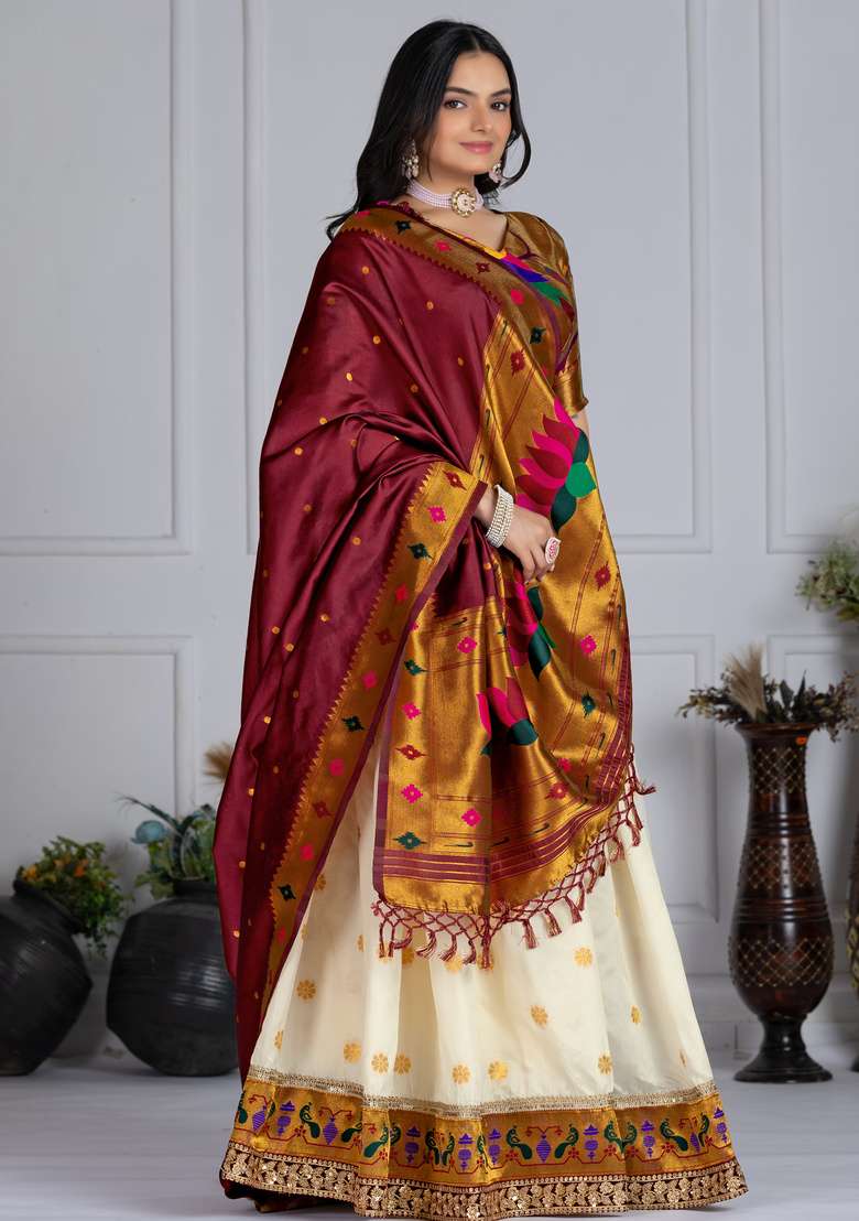 Off White Embroidered Silk Lehenga Set - Indya