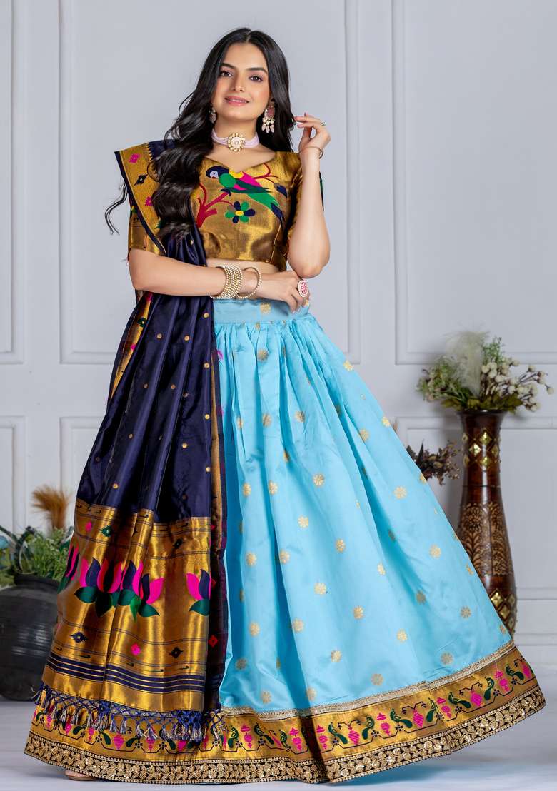 Sky Blue Embroidered Silk Lehenga Set - Indya