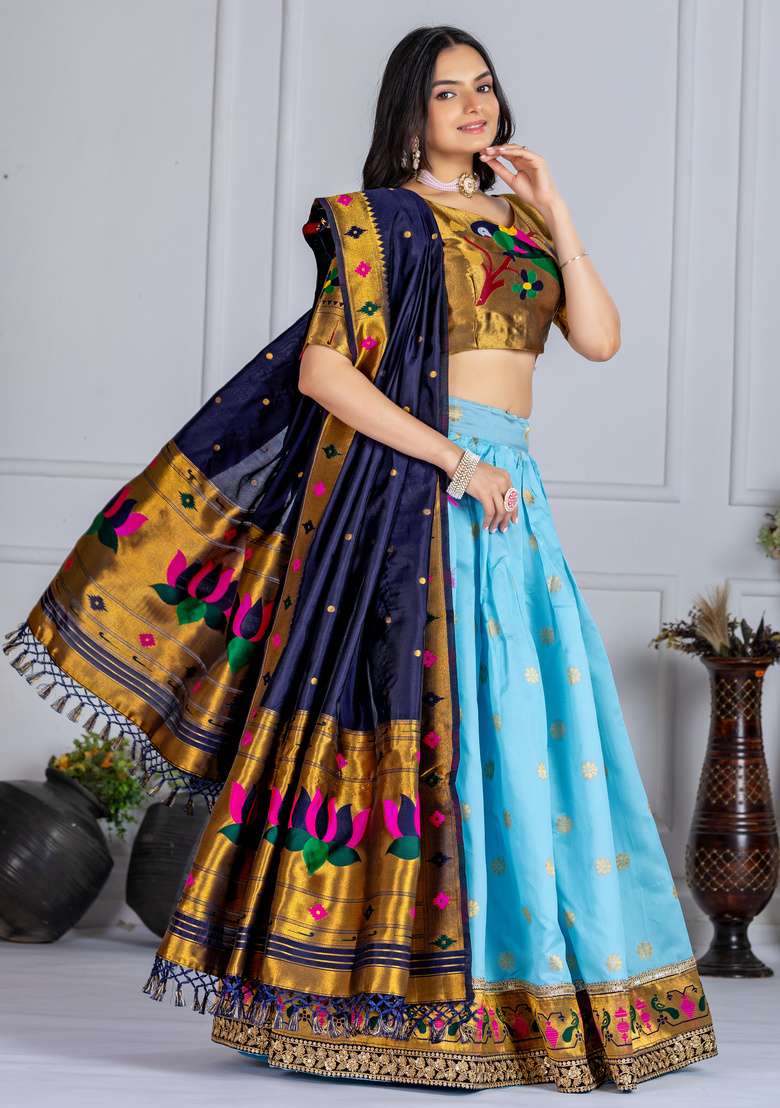Sky Blue Embroidered Silk Lehenga Set - Indya