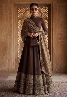 Brown Embroidered Silk Lehenga Set for Diwali and Festive Wear
