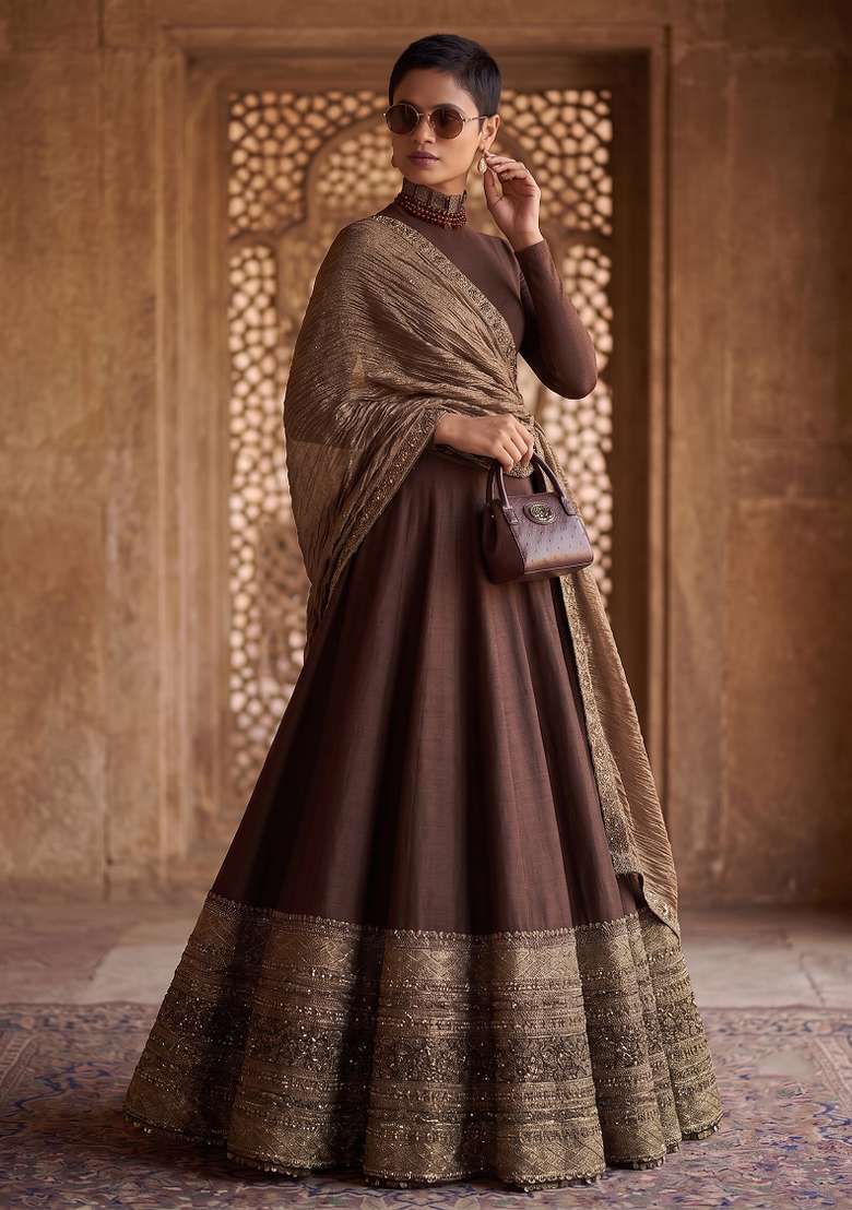 Brown Embroidered Silk Lehenga Set - Indya