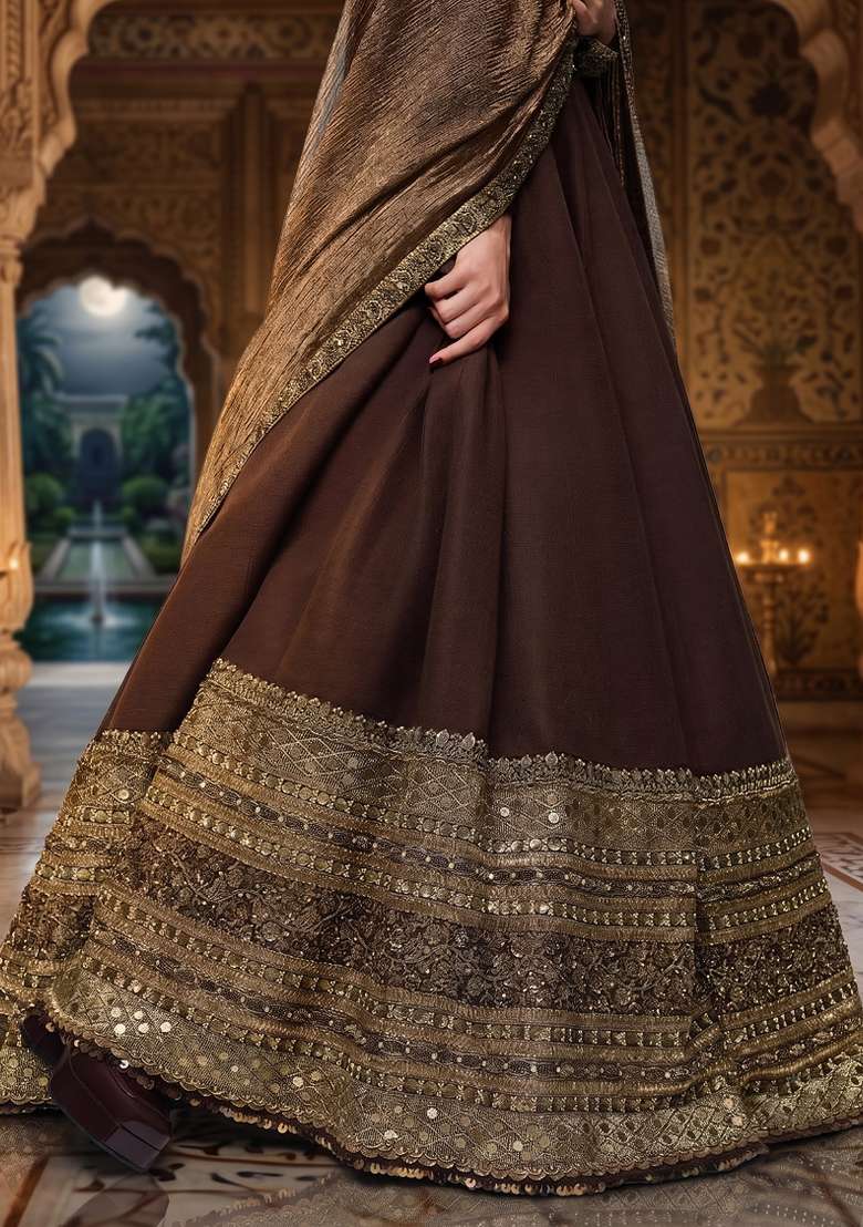 Brown Embroidered Silk Lehenga Set - Indya