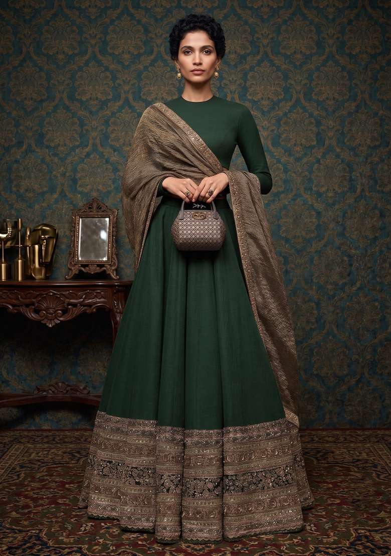 Green Silk Lehenga Set with Embroidered for Diwali | Wedding & Festive Wear - Indya