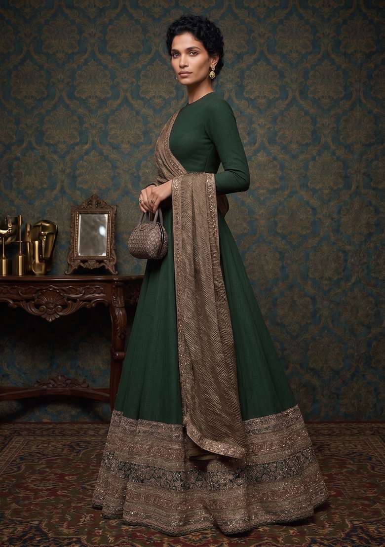Green Embroidered Silk Lehenga Set - Indya