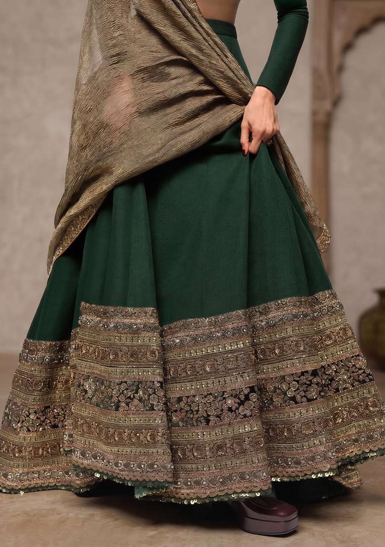 Green Silk Lehenga Set with Embroidered for Diwali | Wedding & Festive Wear - Indya