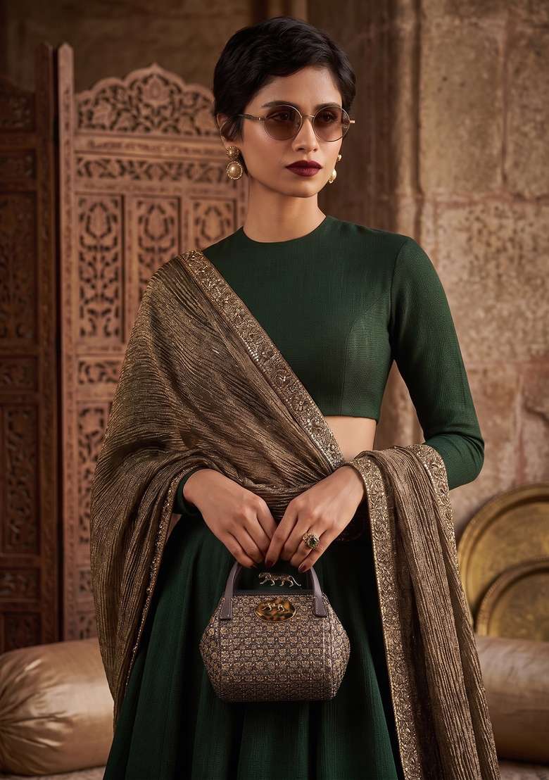 Green Embroidered Silk Lehenga Set - Indya