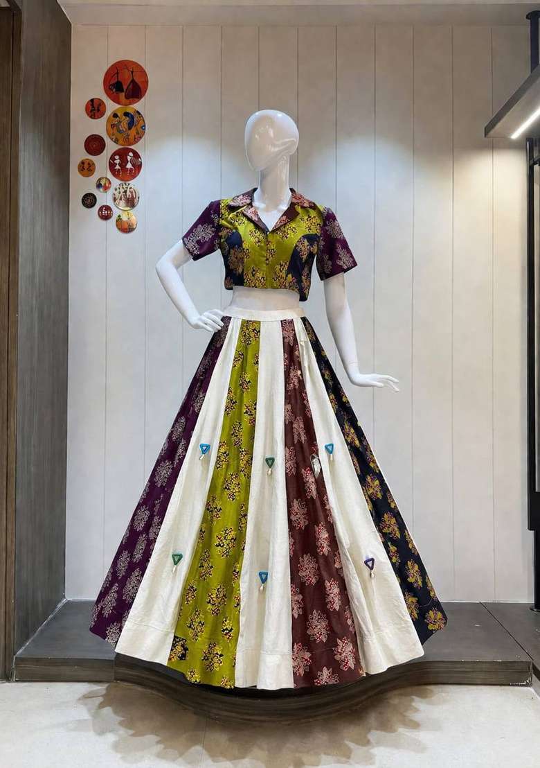 Multicolor Mirror Work Cotton Navratri Lehenga Set - Indya