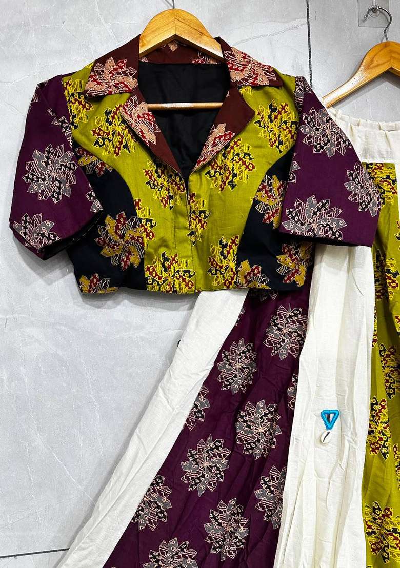 Multicolor Mirror Work Cotton Navratri Lehenga Set - Indya