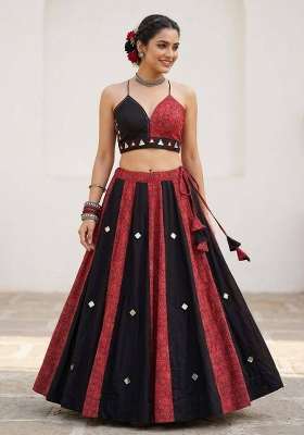 Crimson Red And Black Mirror Work Cotton Navratri Lehenga Set for Diwali and Festive Wear